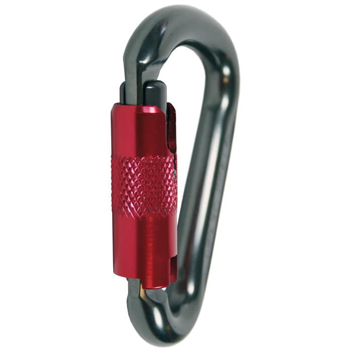 Gros plan du capuchon à vis rouge sur le mousqueton argenté Mighty-Mouse, fabricant non visible