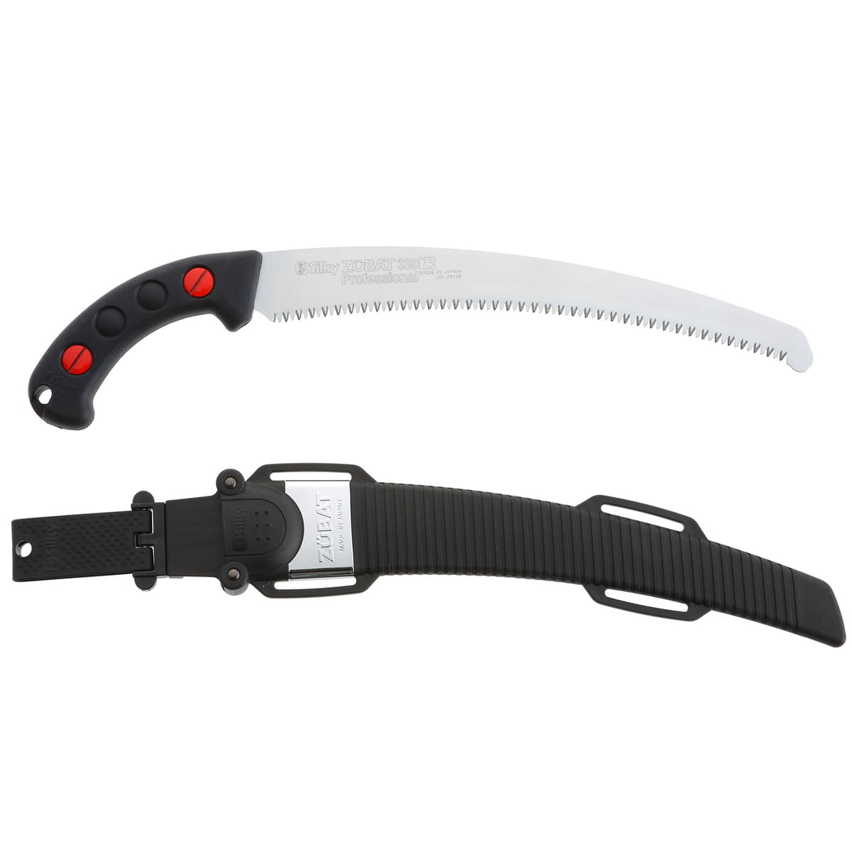 Scie à main Silky Zübat 330-7.5 avec poignée noire et capuchon à vis rouge, ainsi qu’une gaine en plastique noir avec raccord métallique et boucles de suspension