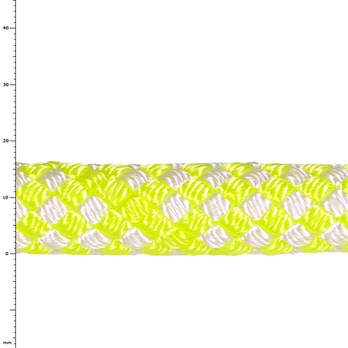 Sirius Bull Rope 16, gros plan d’une corde tressée en jaune et blanc