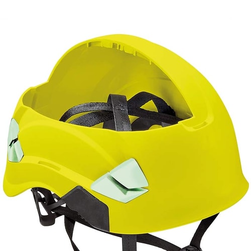Casque Petzl Vertex Vent Hi-Viz en jaune à l’arrière avec bretelles noires et autocollants blancs réfléchissants